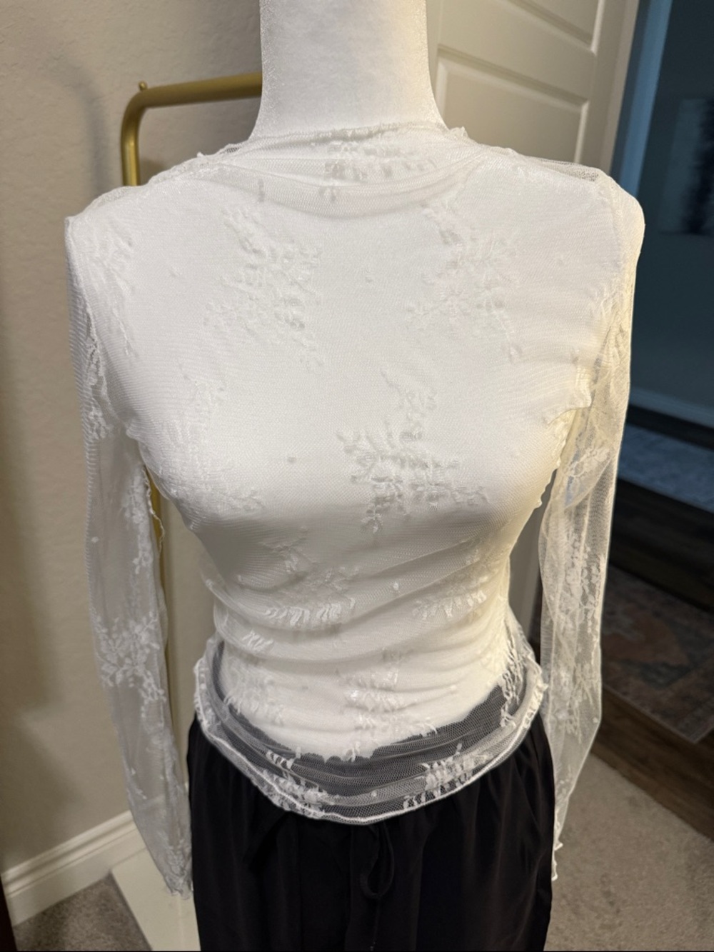 Sheer White Floral Lace Long-Sleeve Top